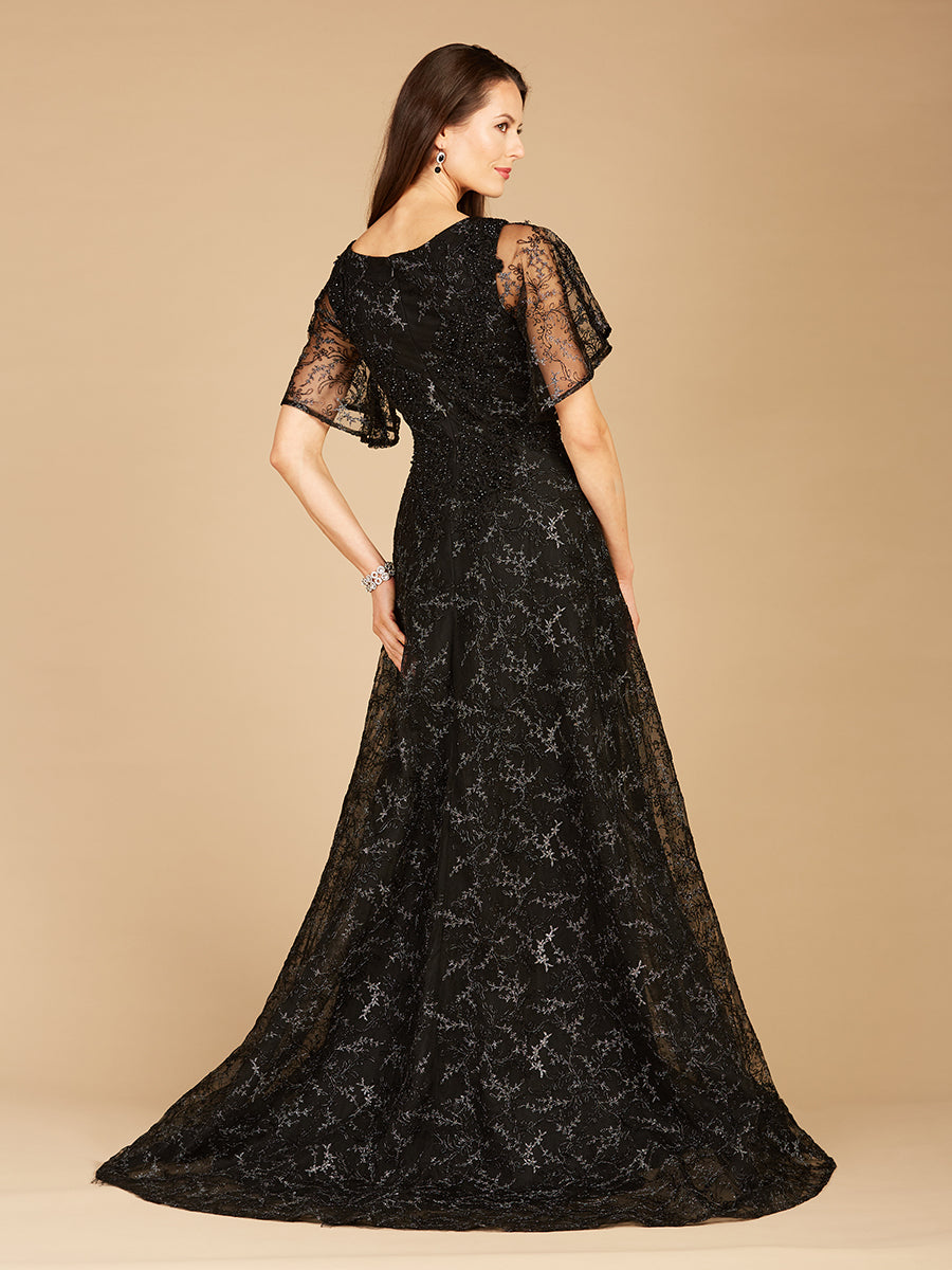 Cape Sleeve Beaded Gown in Black - OUTLET by Lara New York