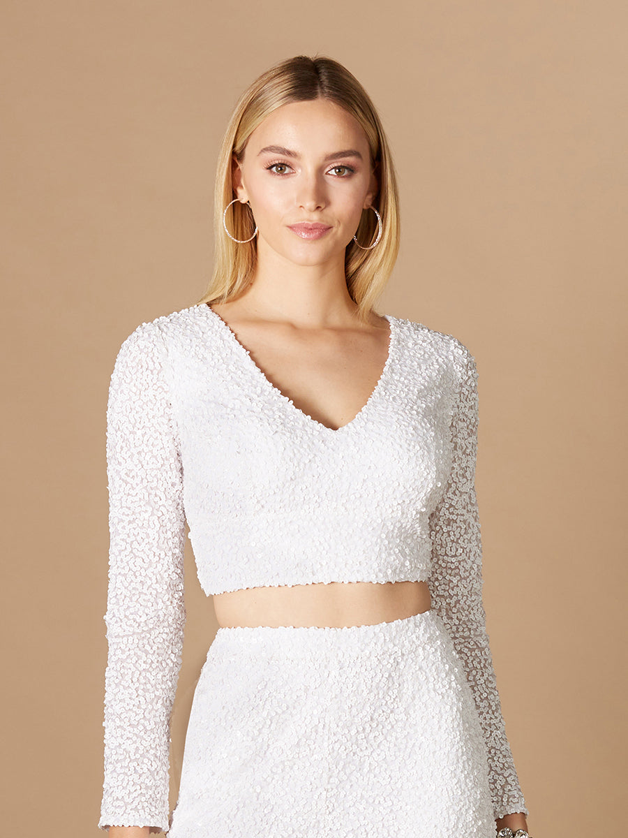 Long Sleeve V-Neck Beaded Top by Lara New York