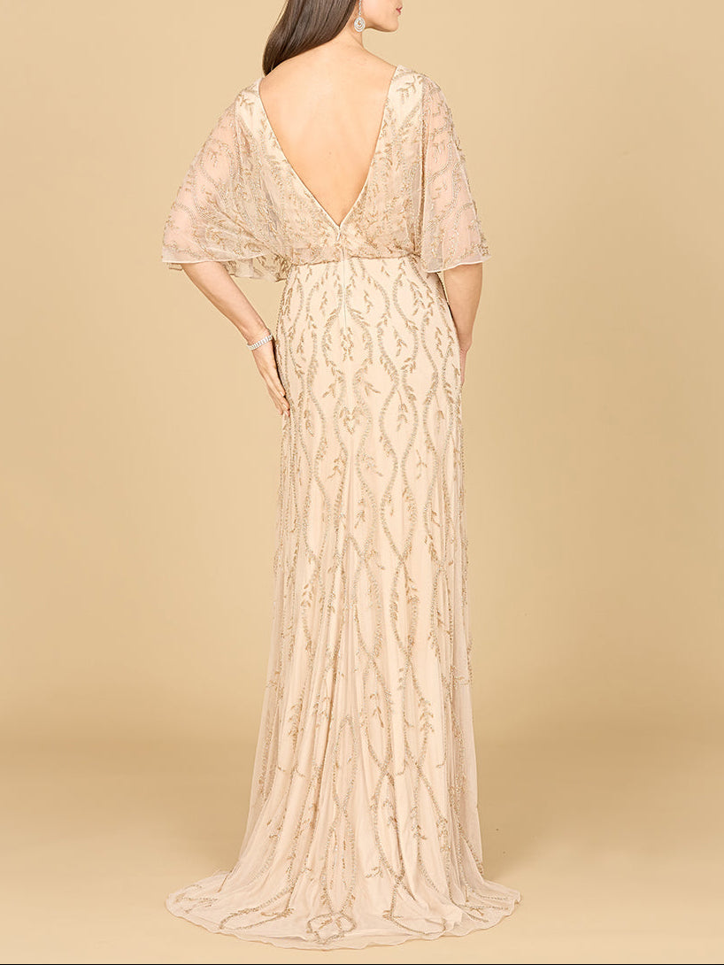 Illusion Cape Sleeve Beaded Gown by Lara New York