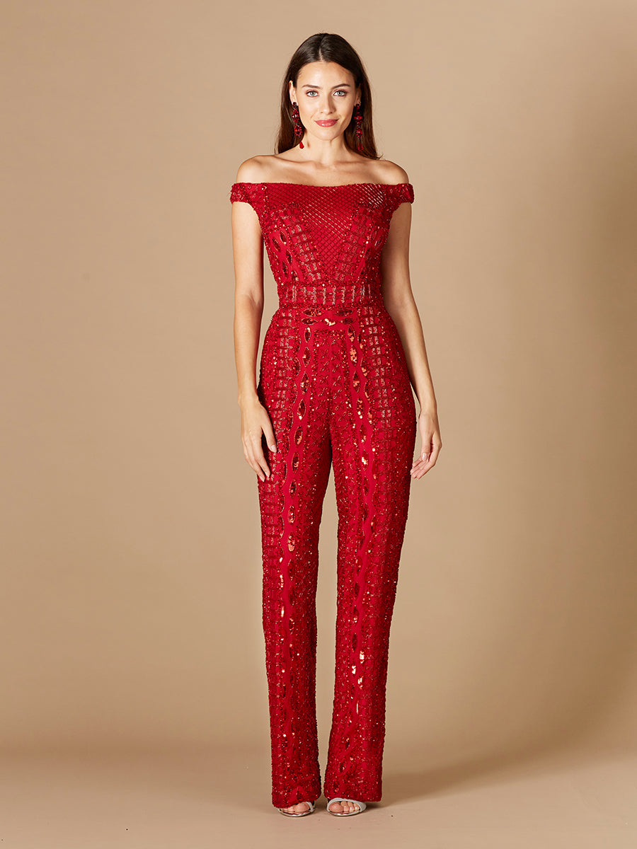 Beaded Off Shoulder Jumpsuit by Lara New York