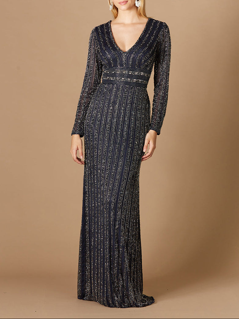 Long Sleeve Belted Beaded Gown by Lara New York