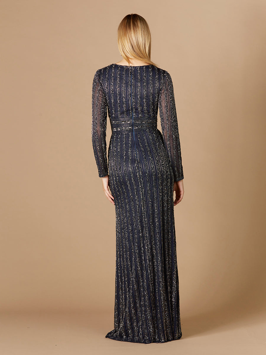 Long Sleeve Belted Beaded Gown by Lara New York