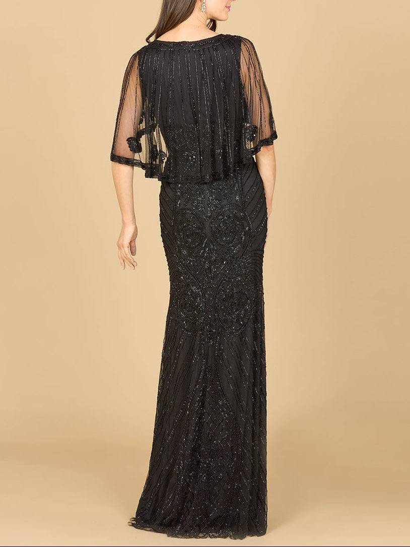 Cape Sleeve V-Neck Beaded Gown by Lara New York