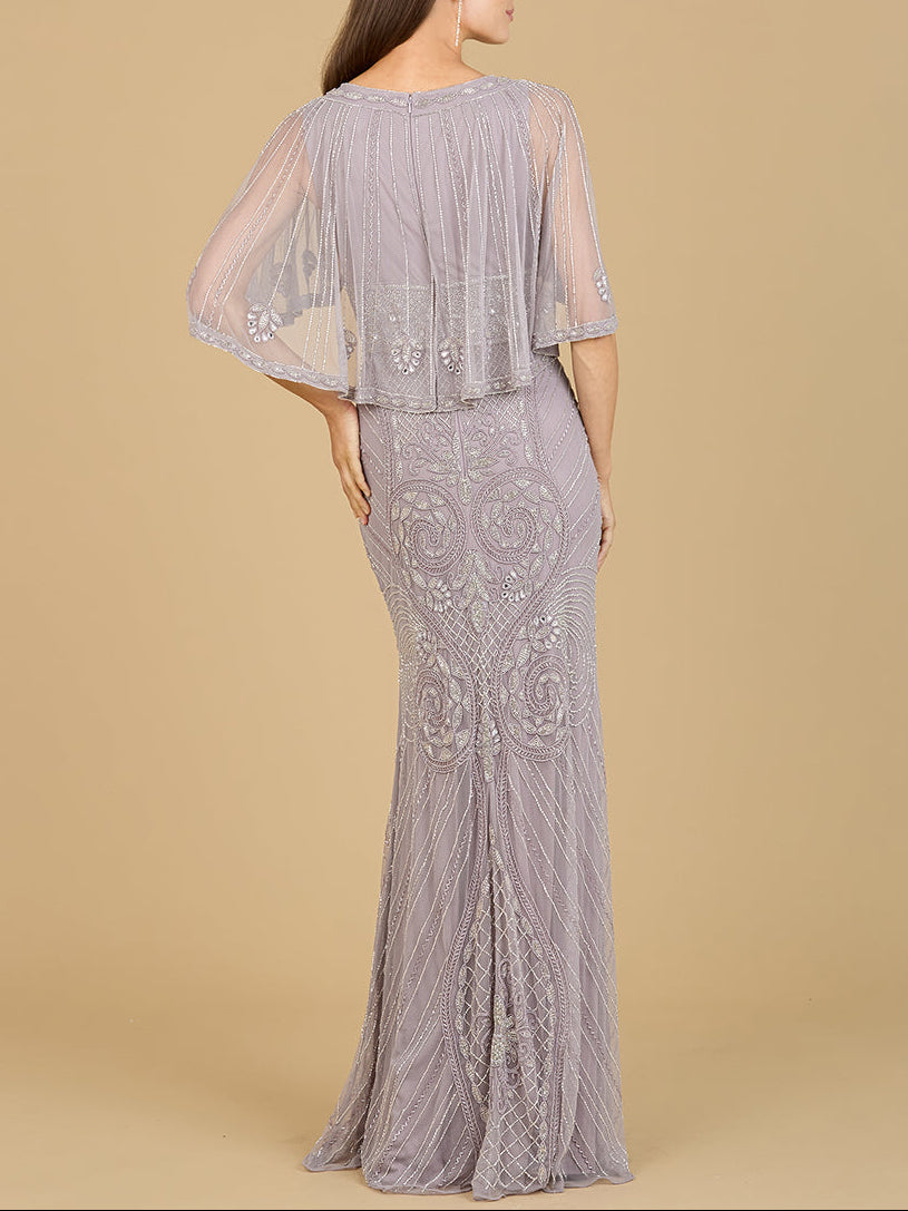 Cape Sleeve V-Neck Beaded Gown by Lara New York