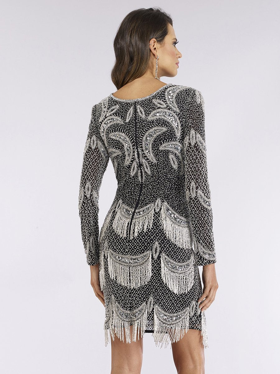 Lara 29377 - Long Sleeve Beaded V-Neck Fringe Cocktail Dress by Lara New York