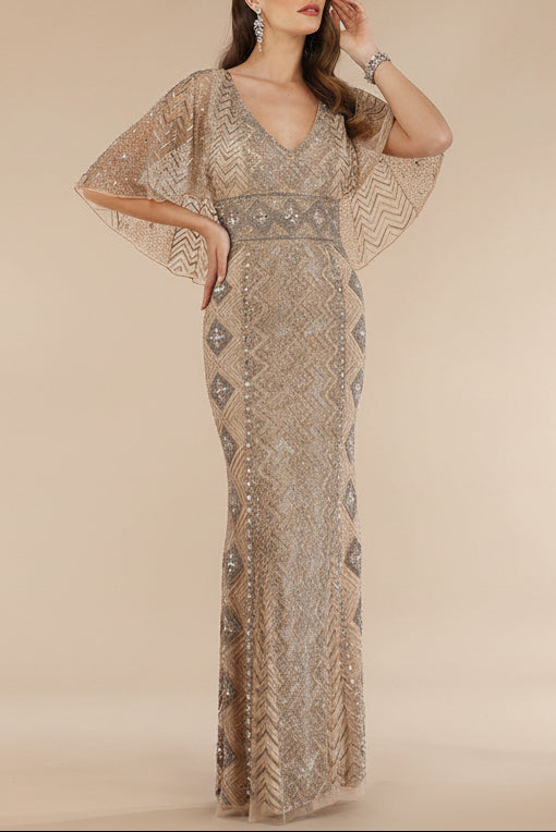 Lara 29397 - Cape Sleeve V-Neck Beaded Gown - OUTLET by Lara New York