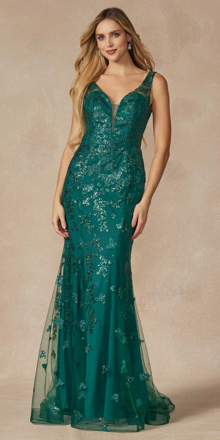 Juliet 294 Long Butterfly Appliques Low V-Neck Prom Dress by DiscountDressShop