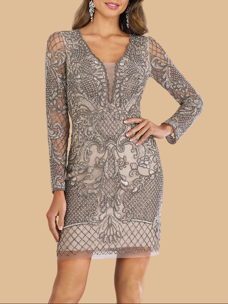 Lara 29610 - Long Sleeve Beaded Cocktail Dress by Lara New York