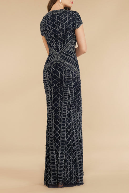 Lara 29746 - Beaded V-Neckline Dress with Cap Sleeves by Lara New York