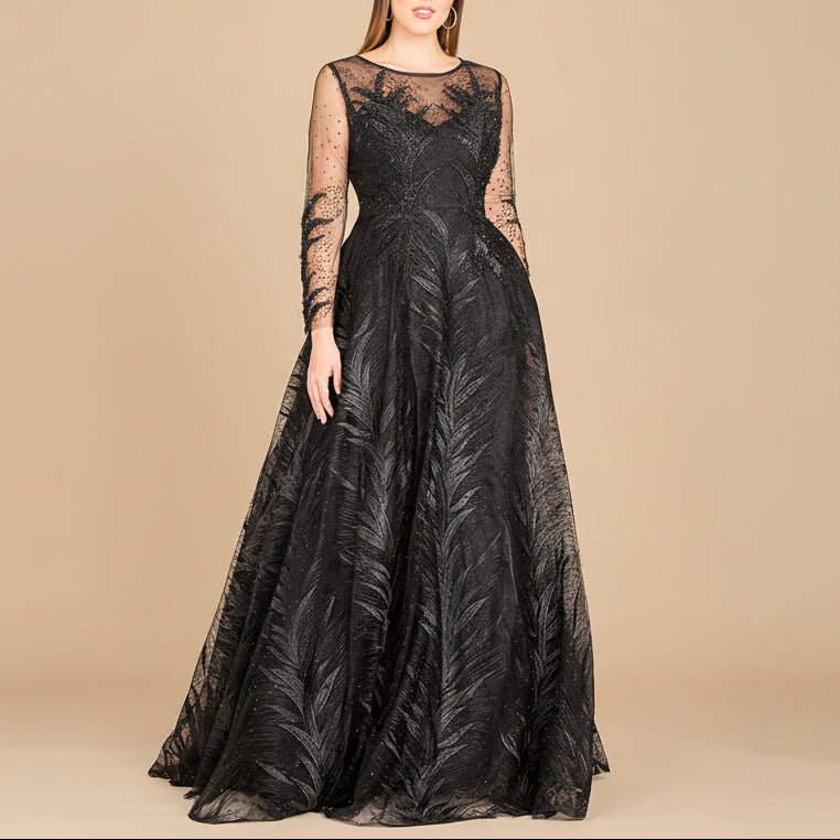 Lara 29761 - High Neck Sheer Long Sleeve Embellished Gown by Lara New York
