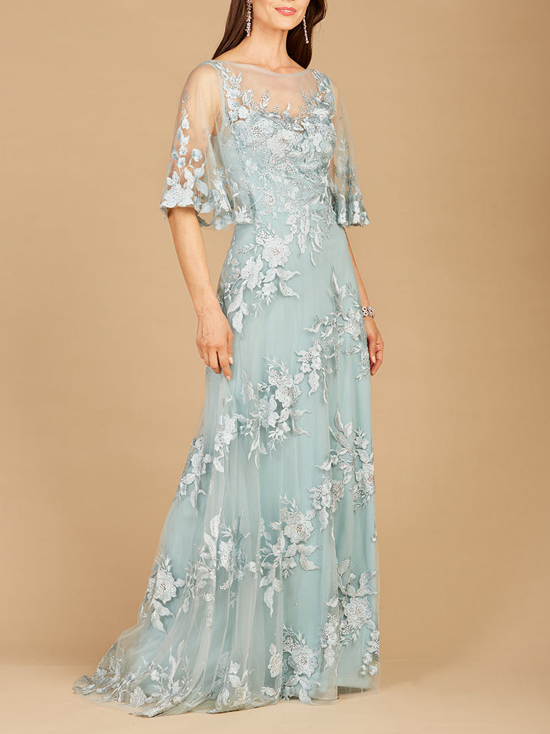 Cape Sleeves A-line Lace Gown by Lara New York
