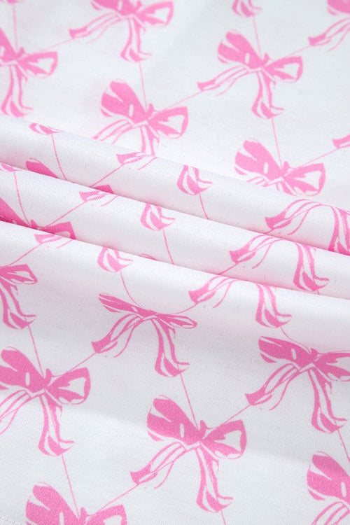 Women's Pink Bow Print Pajama Set - Short Sleeve Top & Ruffled Shorts