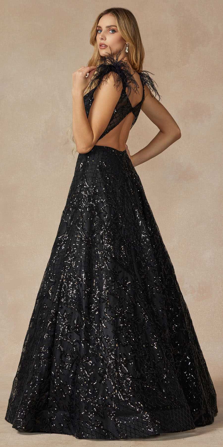 Juliet 297 Floor Length Feathered Cap Sleeve Patterned Sequin A-Line Gown by DiscountDressShop
