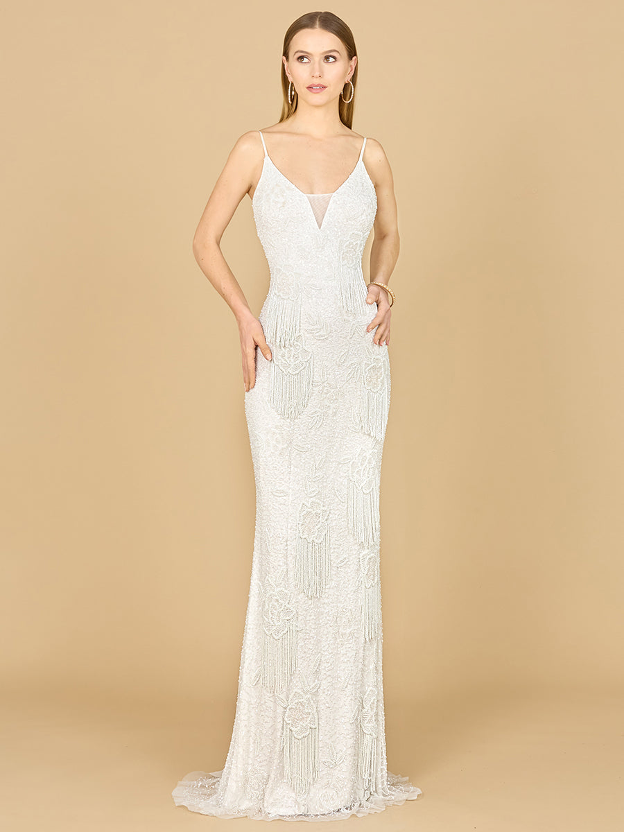 Lara Danika Floral Beaded Sheath Beaded Dress with Beaded Fringe by Lara New York