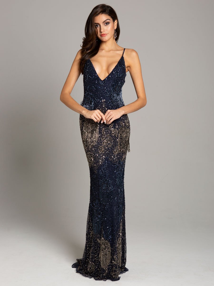 Lara Danika Floral Beaded Sheath Beaded Dress with Beaded Fringe by Lara New York