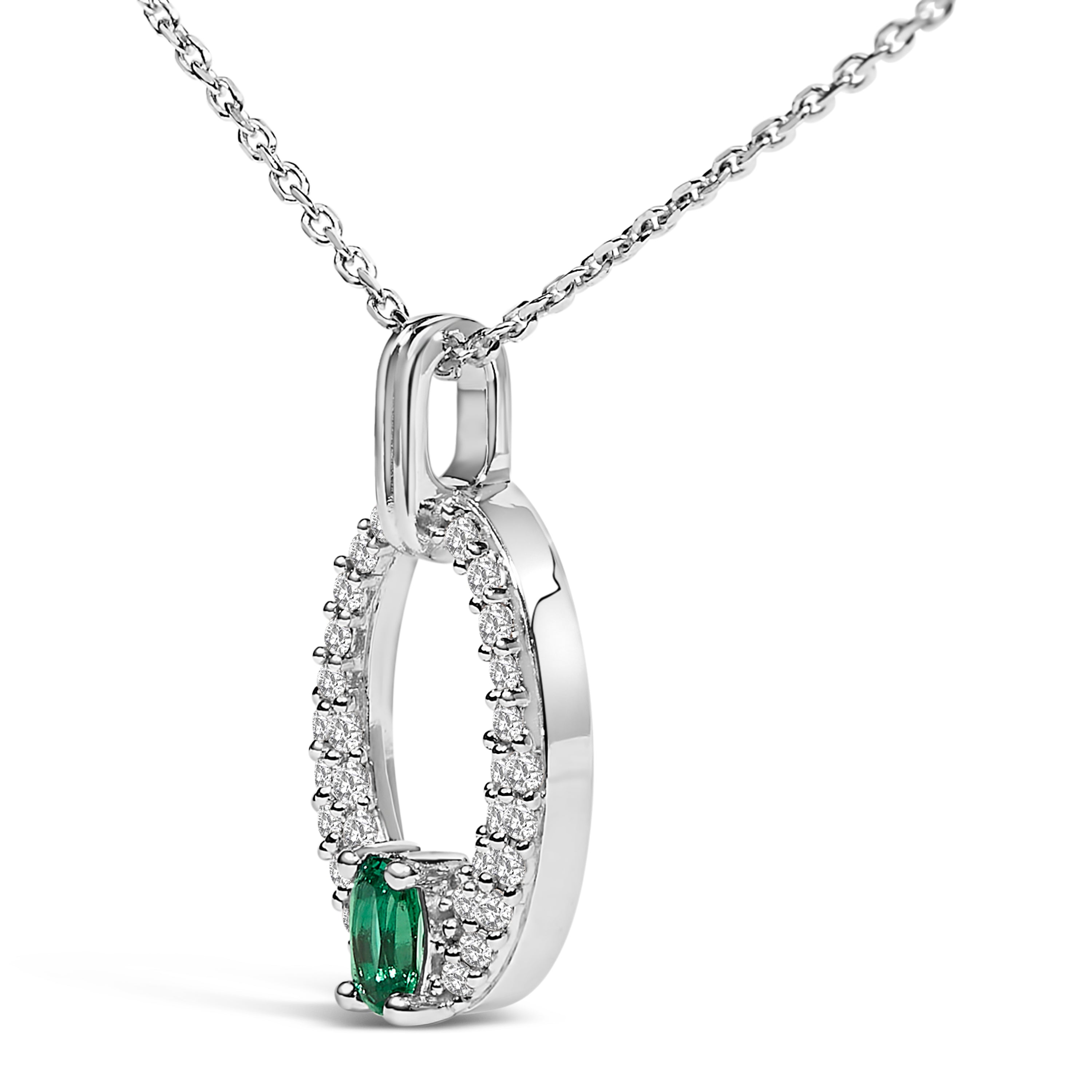 .925 Sterling Silver Created Green Emerald and White Sapphire Oval Shaped Pendant Necklace - 18" Inches by Bids.com
