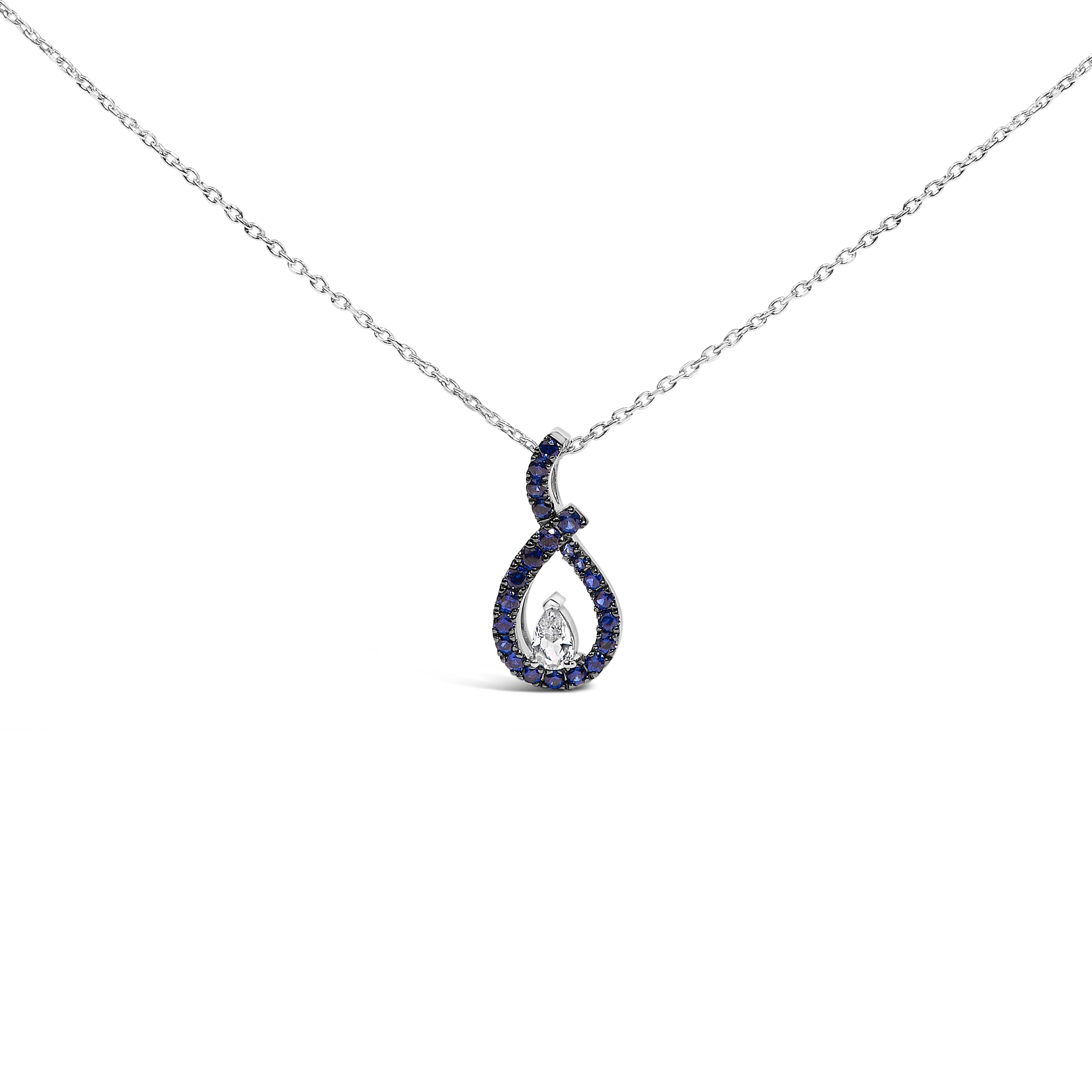 .925 Sterling Silver Created Blue and White Sapphire Teardrop Shaped Pendant Necklace - 18" Inches by Bids.com