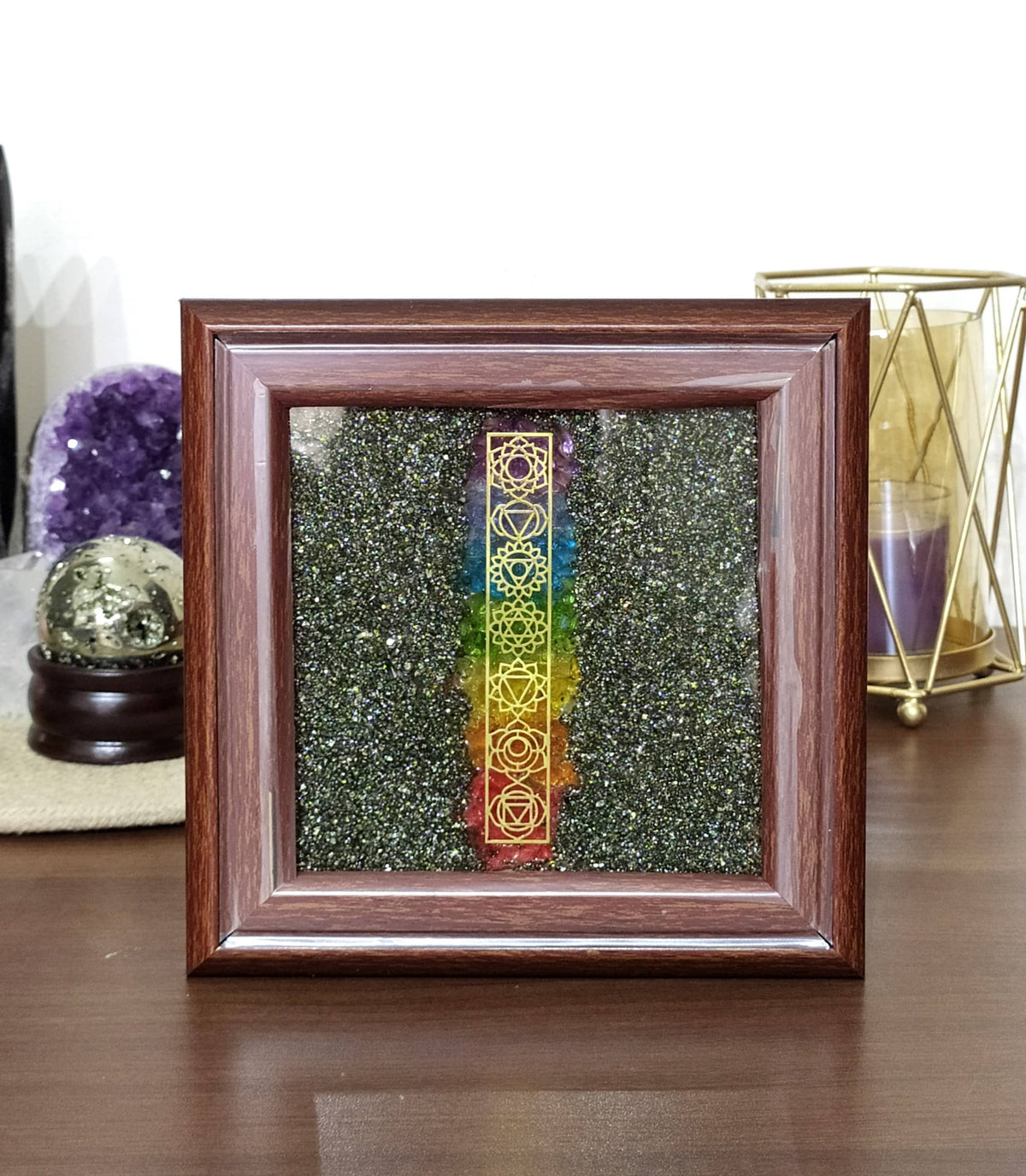 Pyrite Frame Raw Pyrite with 7 Chakra Pyrite Dust Plate DestGlow