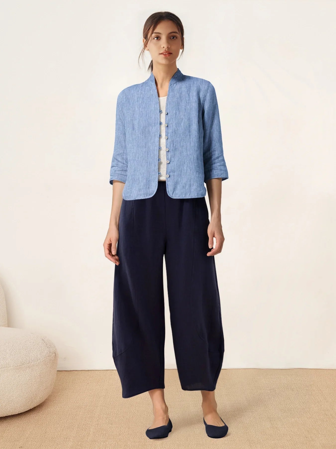 100% Linen Hand Button Fitted Jacket AMELIA DestGlow