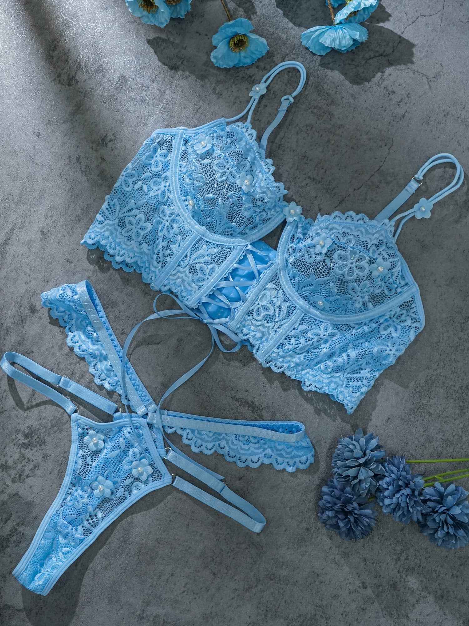 Blue Pearls Small Flower Lace Lingerie Set
