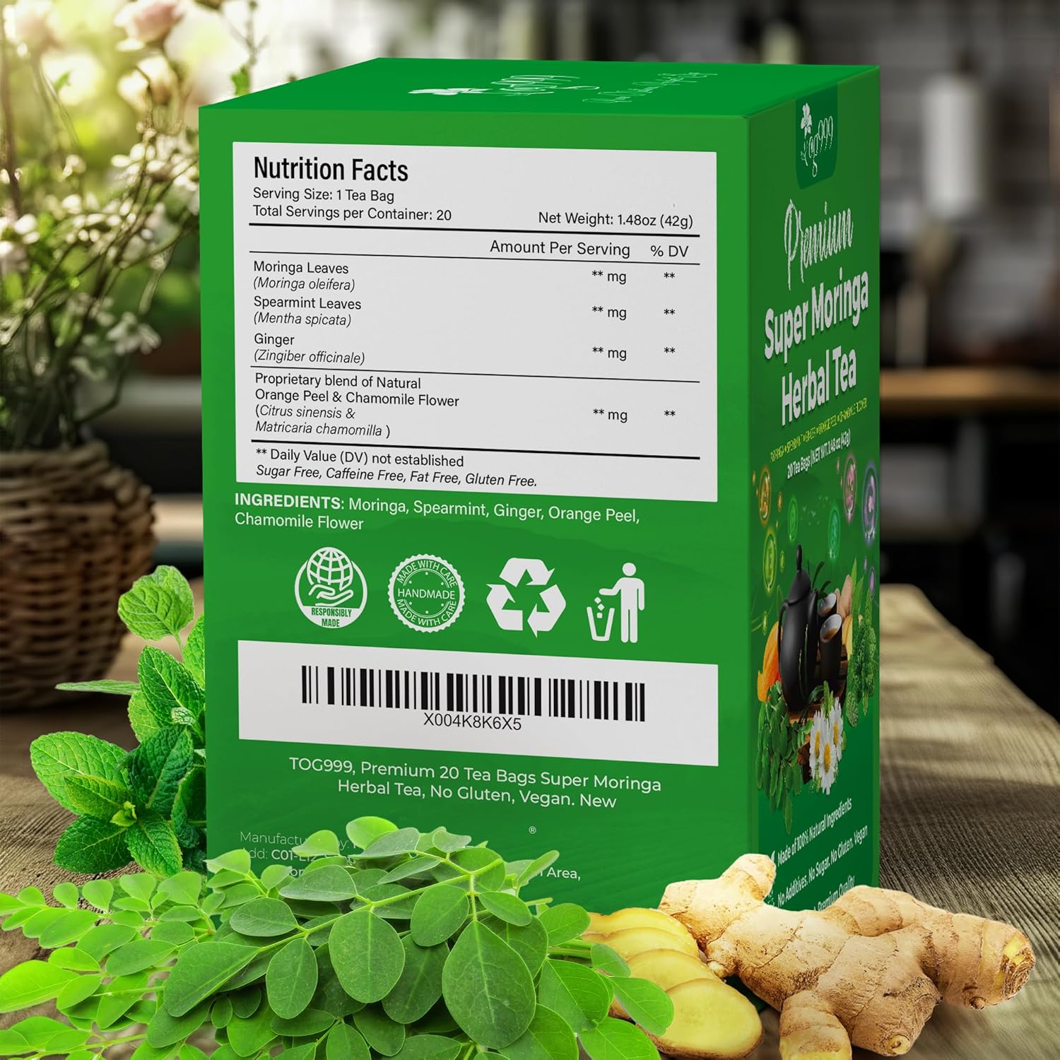 Super Moringa Herbal Tea, Improve Digestion, Support Brain, Weight, Skin and Sleep, Eco-Conscious Tea Bags by FreshDrinkUS - Natural and Premium Herbal Tea