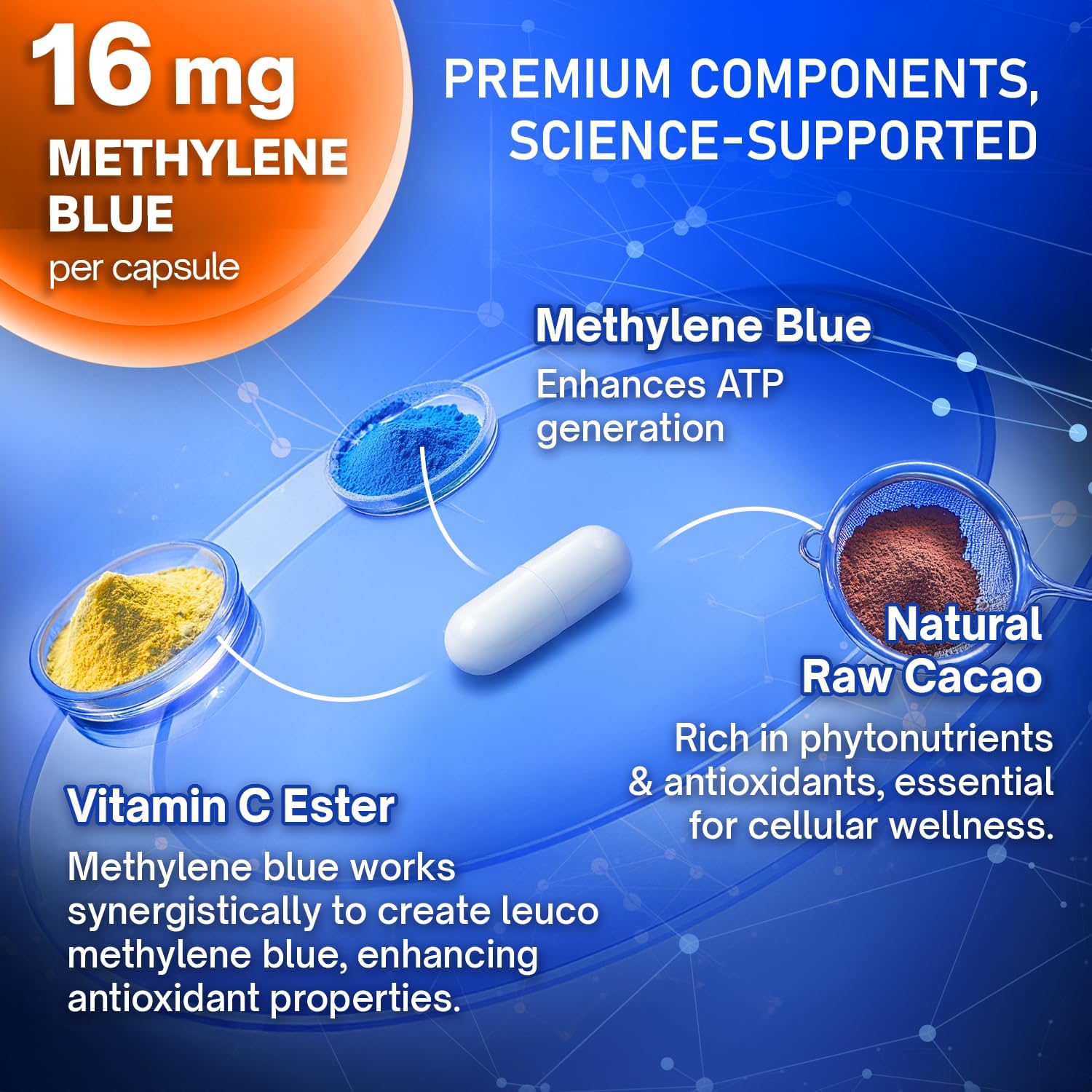 Methylene Blue Capsules - Natural Cacao and Vitamin C Ester for Added Support, Cognitive-Supplement by FreshDrinkUS - Natural and Premium Herbal Tea