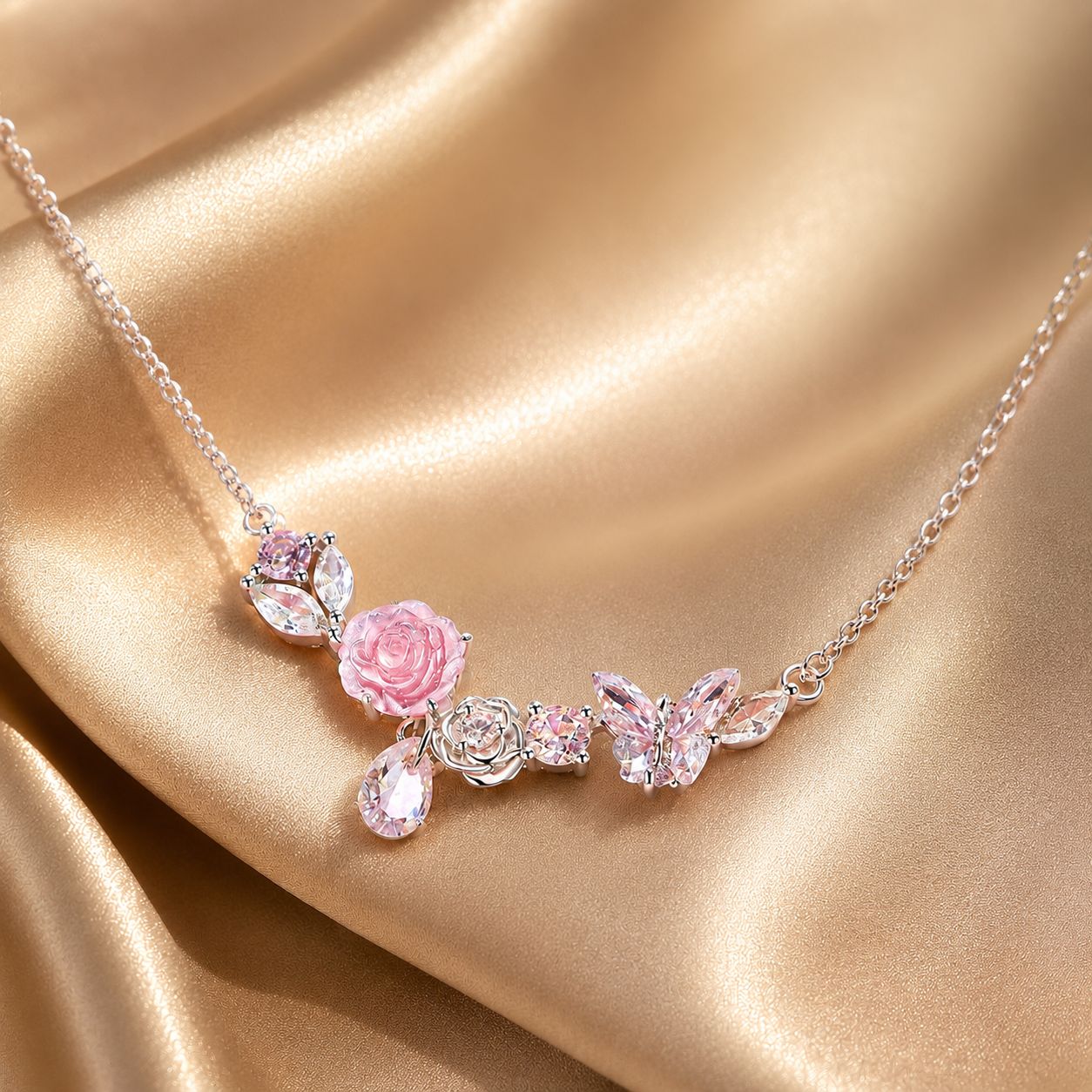 925 Sterling Silver Necklace with CZ & Resin Pendant, 18x39mm, Plated with White Gold DestGlow