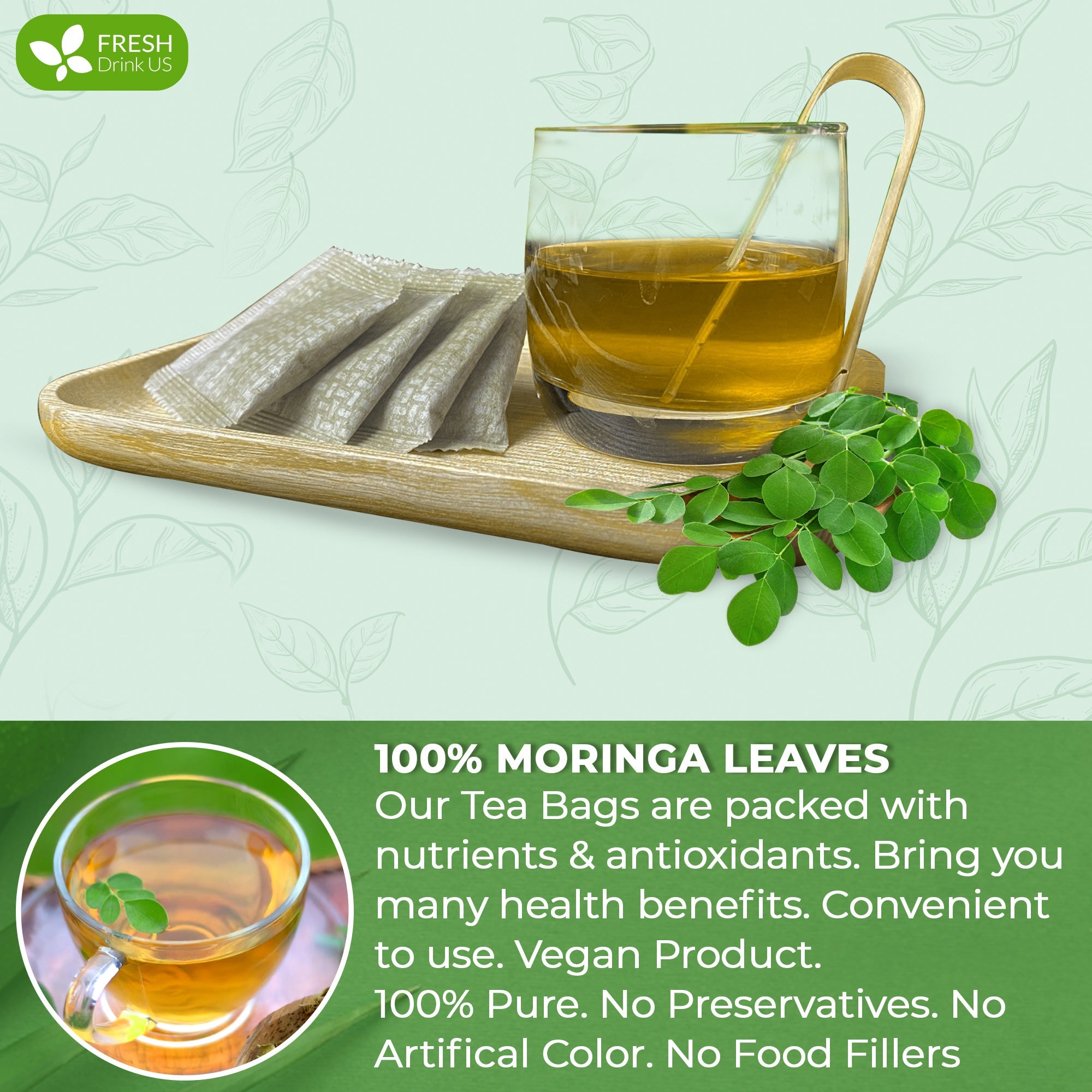 Moringa Leaf Tea Bags, 100% Natural & Pure from Moringa Leaves. Loose Leaf Moringa Herbal Tea. Moringa Leaf Tea. No Sugar, No Caffeine, No Gluten, Vegan by FreshDrinkUS - Natural and Premium Herbal Tea