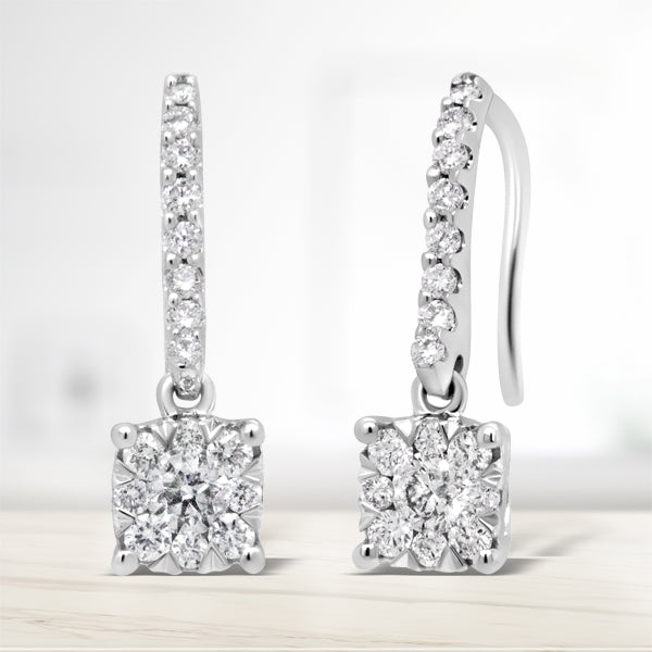 14K White 1/2 Cttw Round Diamond Halo Dangle Hook Earring - (H-I Color, SI2-I1 Clarity) by Bids.com