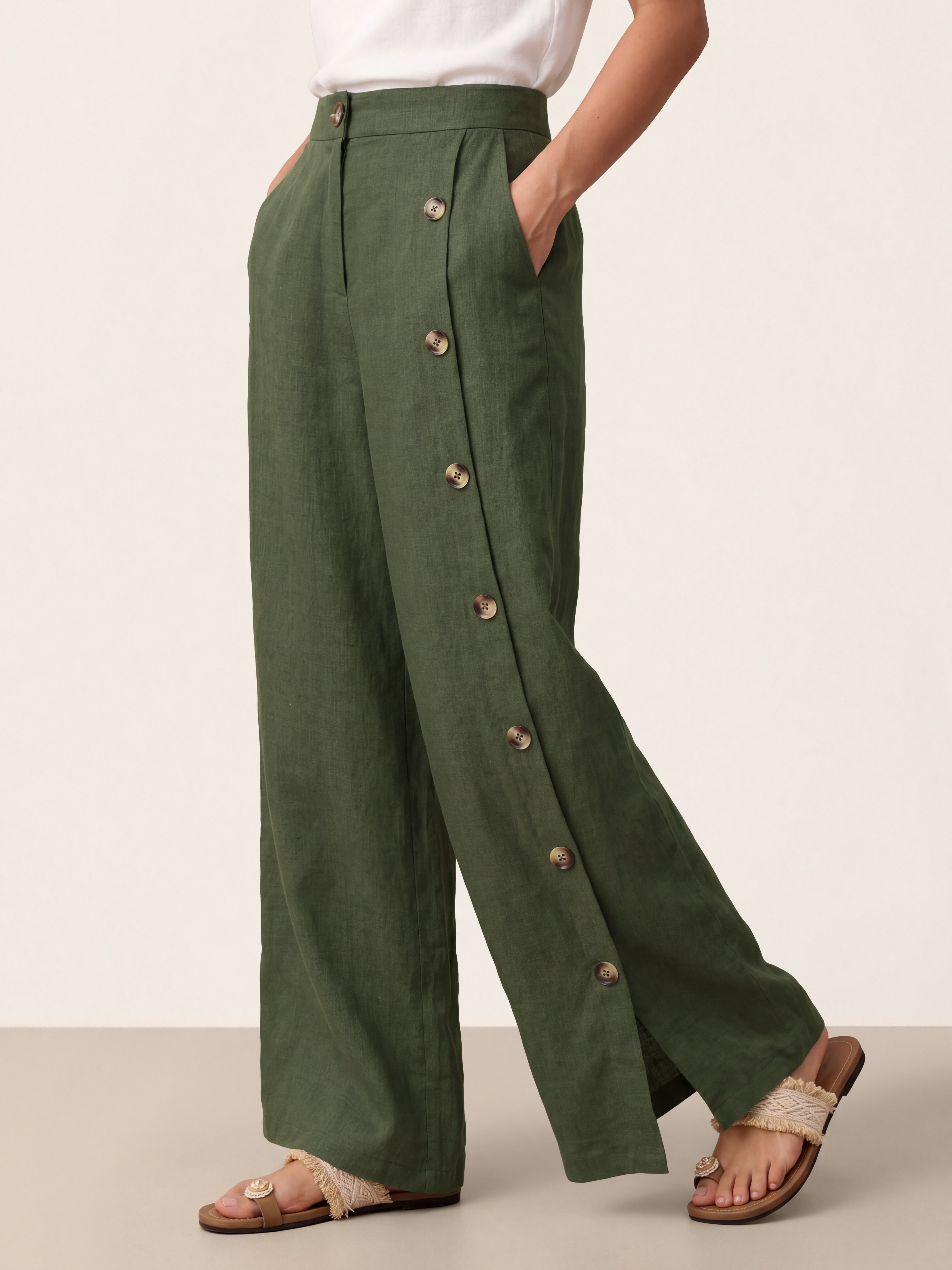 100% Linen Buttoned Slit-Hem Pants KATYA DestGlow