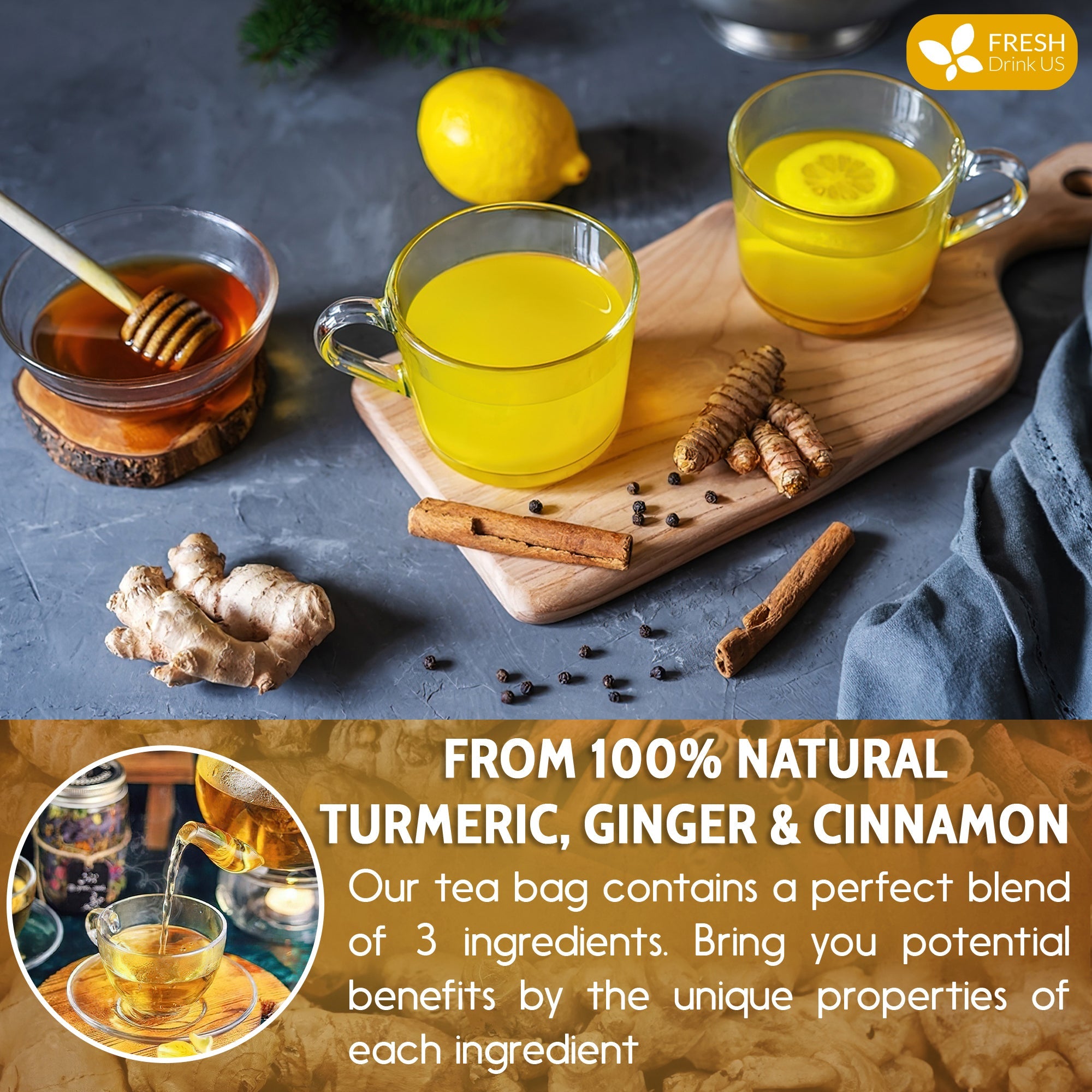 Turmeric, Ginger, Cinnamon Tea, Tea Bags, 100% Natural, Hand-made Blend of Turmeric, Ginger, and Cinnamon. Eco-conscious Tea Bags. Turmeric Ginger Herbal Tea. No Sugar, No Caffeine, No Gluten, Vegan. by FreshDrinkUS - Natural and Premium Herbal Tea