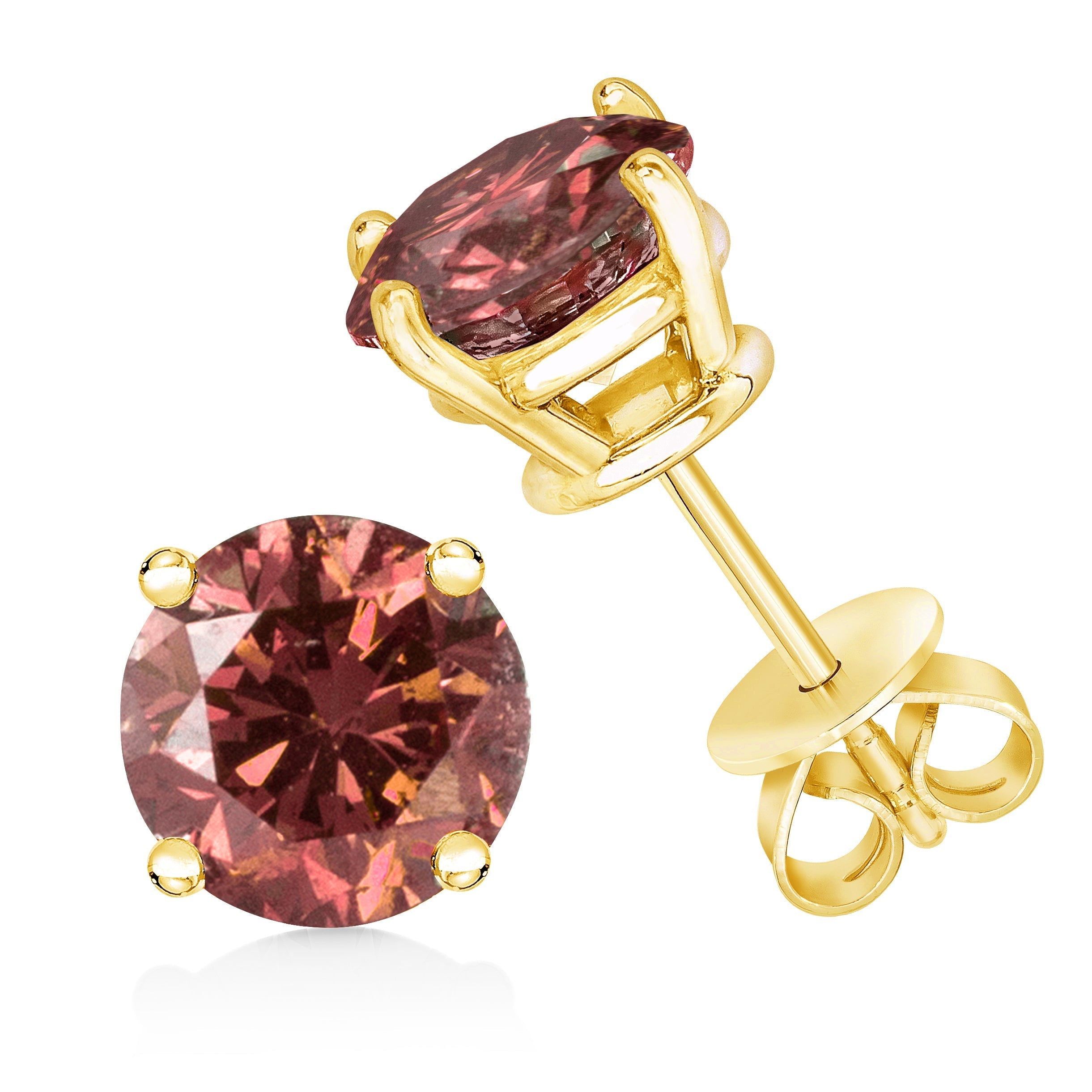 14K Yellow Gold 1.00 Cttw Round Brilliant Cut Lab Grown Pink Diamond 4-Prong Classic Solitaire Earrings (Pink Color, VVS2-VS1 Clarity) DestGlow