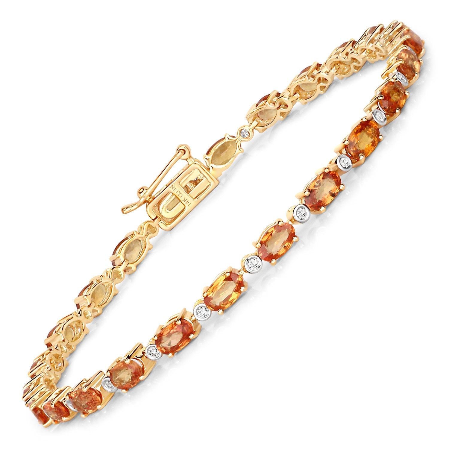 7.39 Carat Genuine Orange Sapphire and White Diamond 14K Yellow Gold Bracelet DestGlow