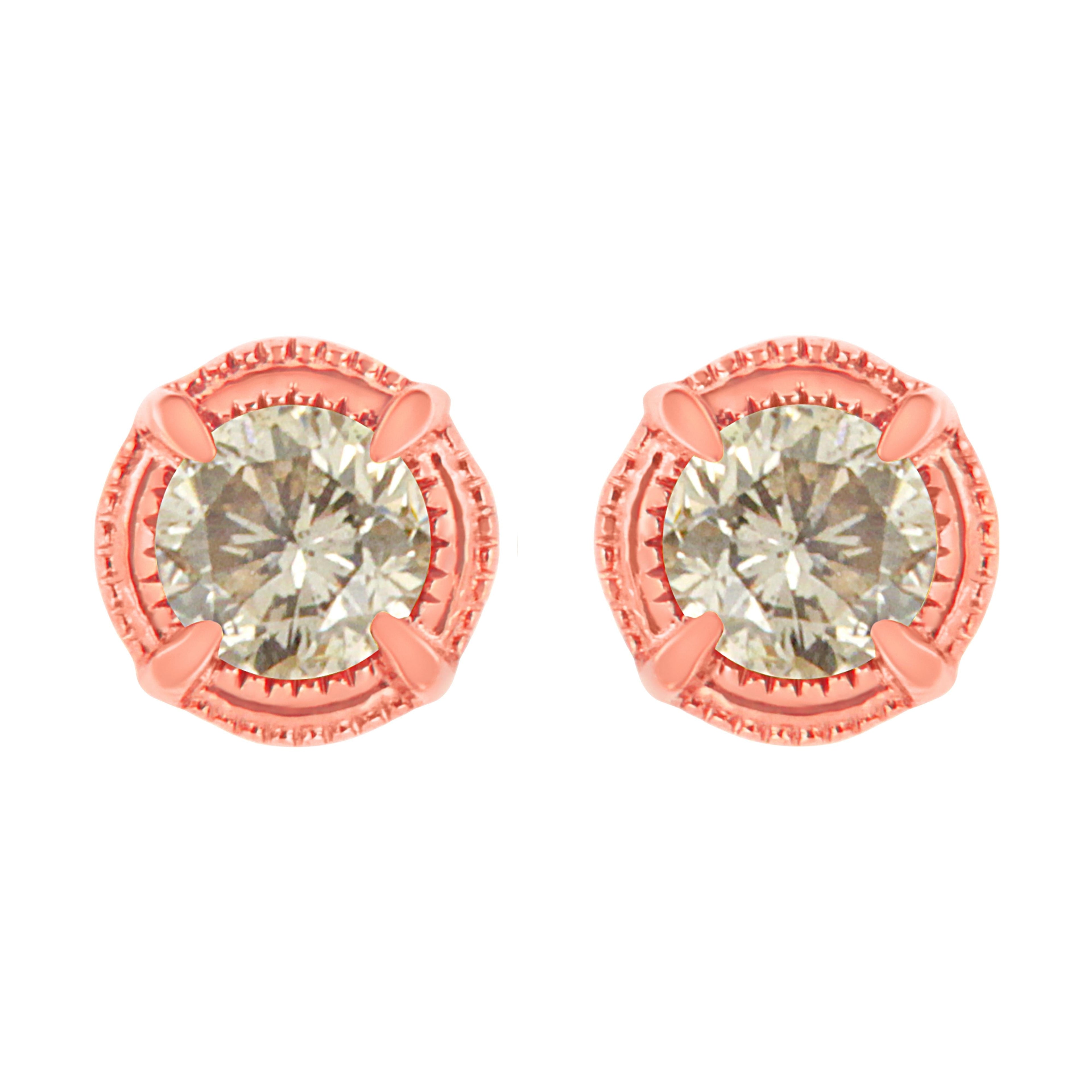 14K Yellow Gold Plated .925 Sterling Silver 1.0 Cttw Round Brilliant Cut Diamond Solitaire Milgrain Stud Earrings (K-L Color, I2-I3 Clarity)