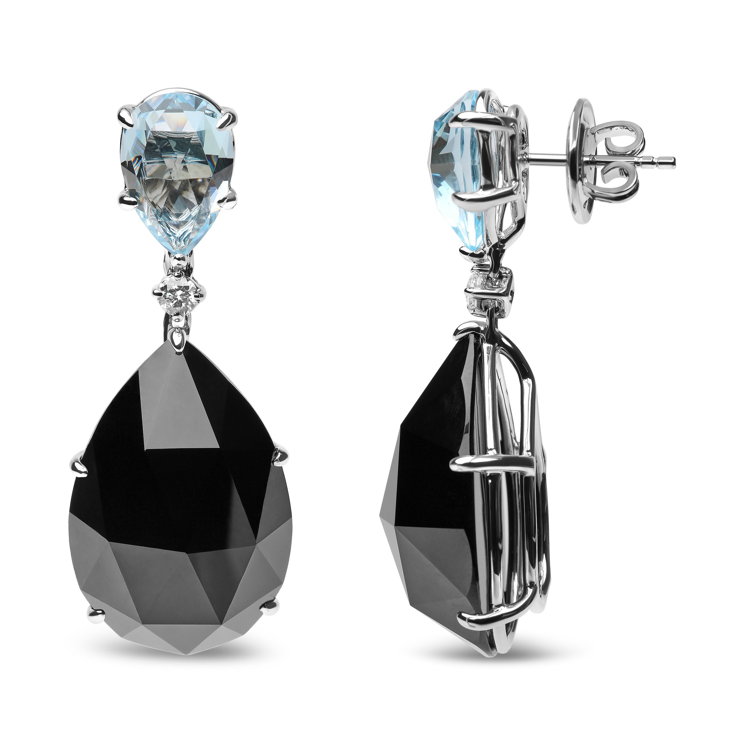 18K White Gold 1/5 Cttw Diamond with Pear Cut Sky Blue Topaz and Pear-Cut Black Onyx Gemstone Dangle Earring (G-H Color, SI1-SI2 Clarity) - DestGlow