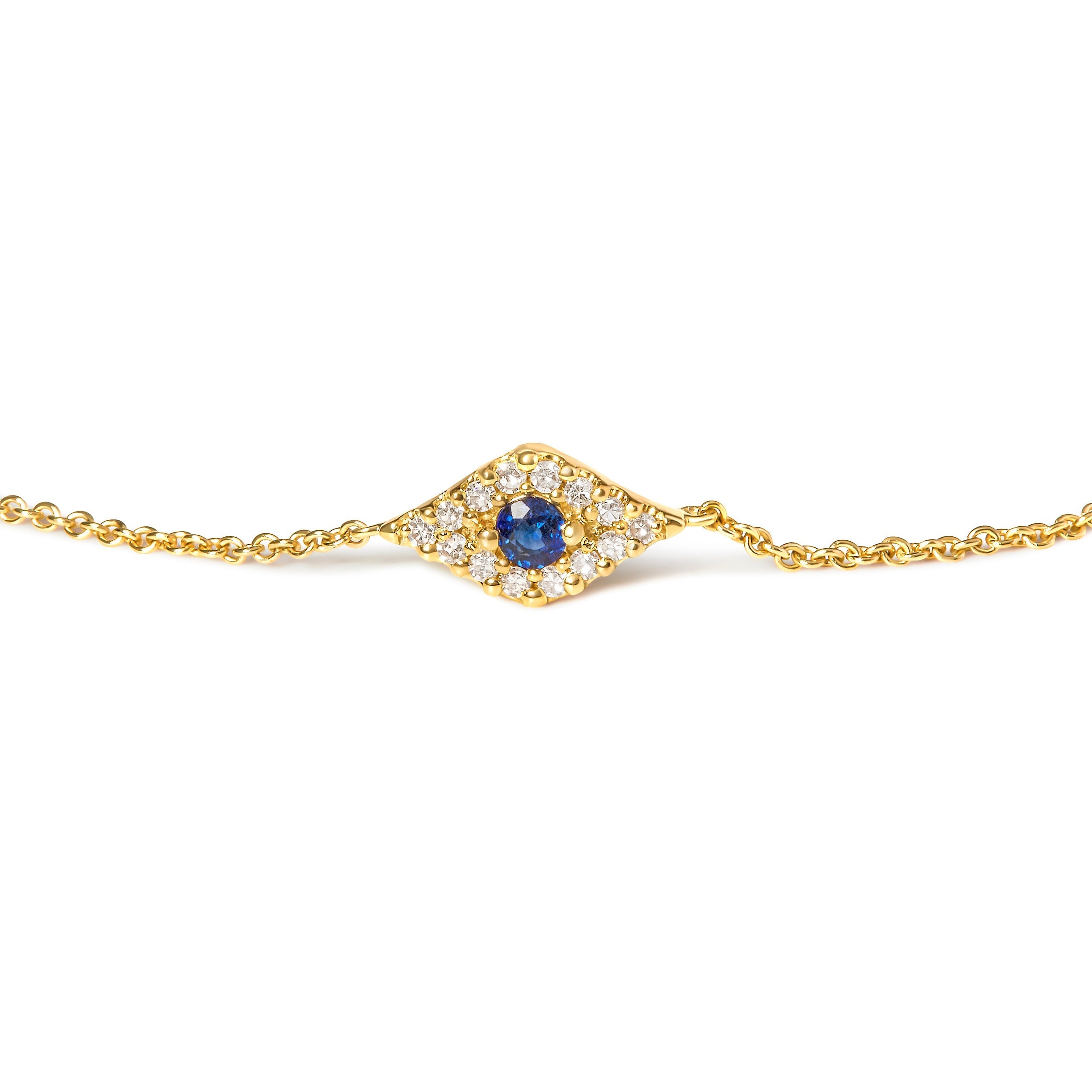 10K Yellow Gold Blue Sapphire and Diamond Accent Evil Eye Station Link Bracelet (H-I Color, I1-I2 Clarity) - Size 7" DestGlow