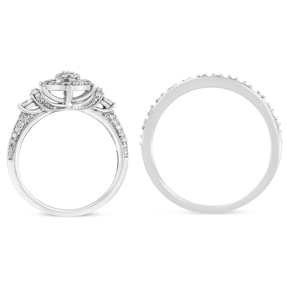.925 Sterling Silver 1/3 Cttw Diamond 7 Stone Cluster and Halo Engagement Ring and Wedding Band Set (I-J Color, I1-I2 Clarity) - Size 7 by Bids.com