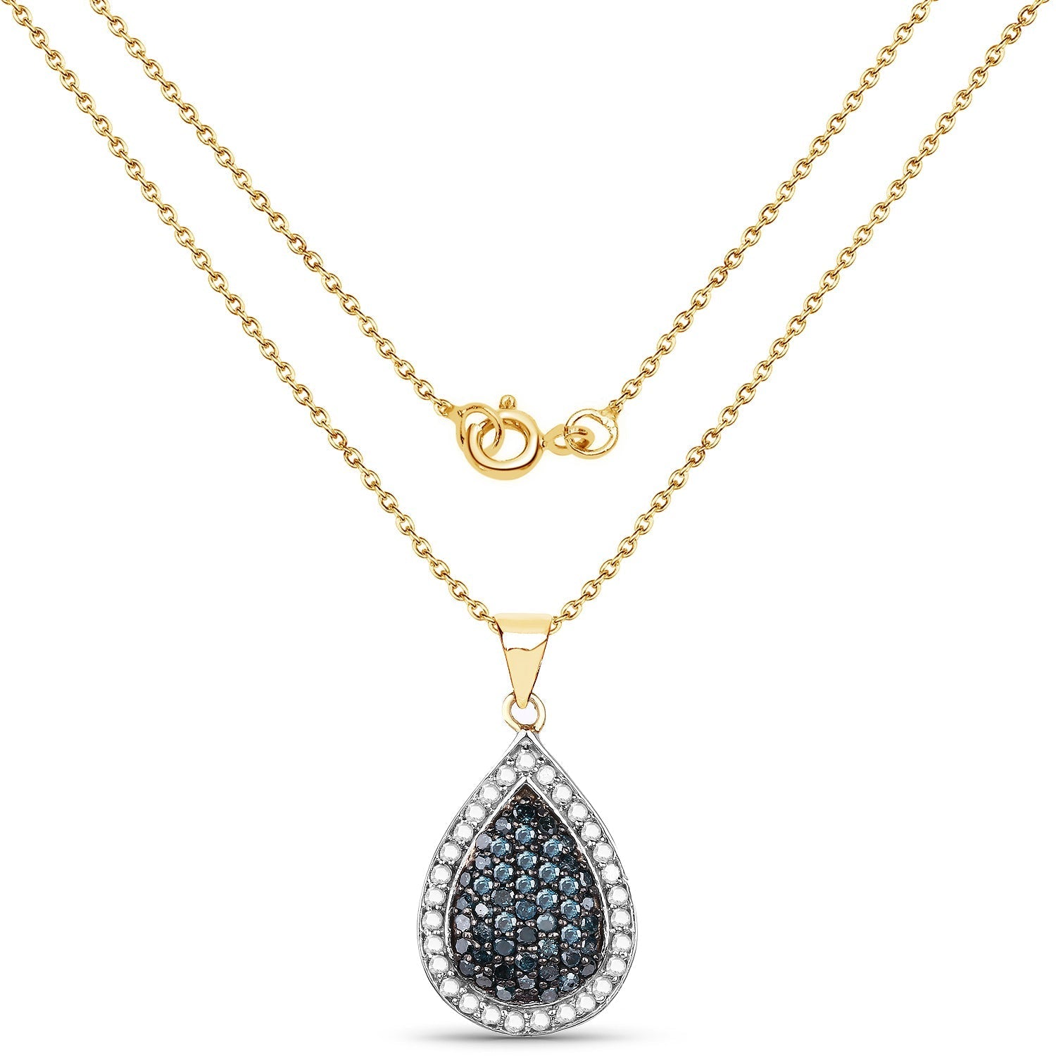 14K Yellow Gold Plated 0.81 Carat Genuine Blue Diamond and White Diamond .925 Sterling Silver Pendant