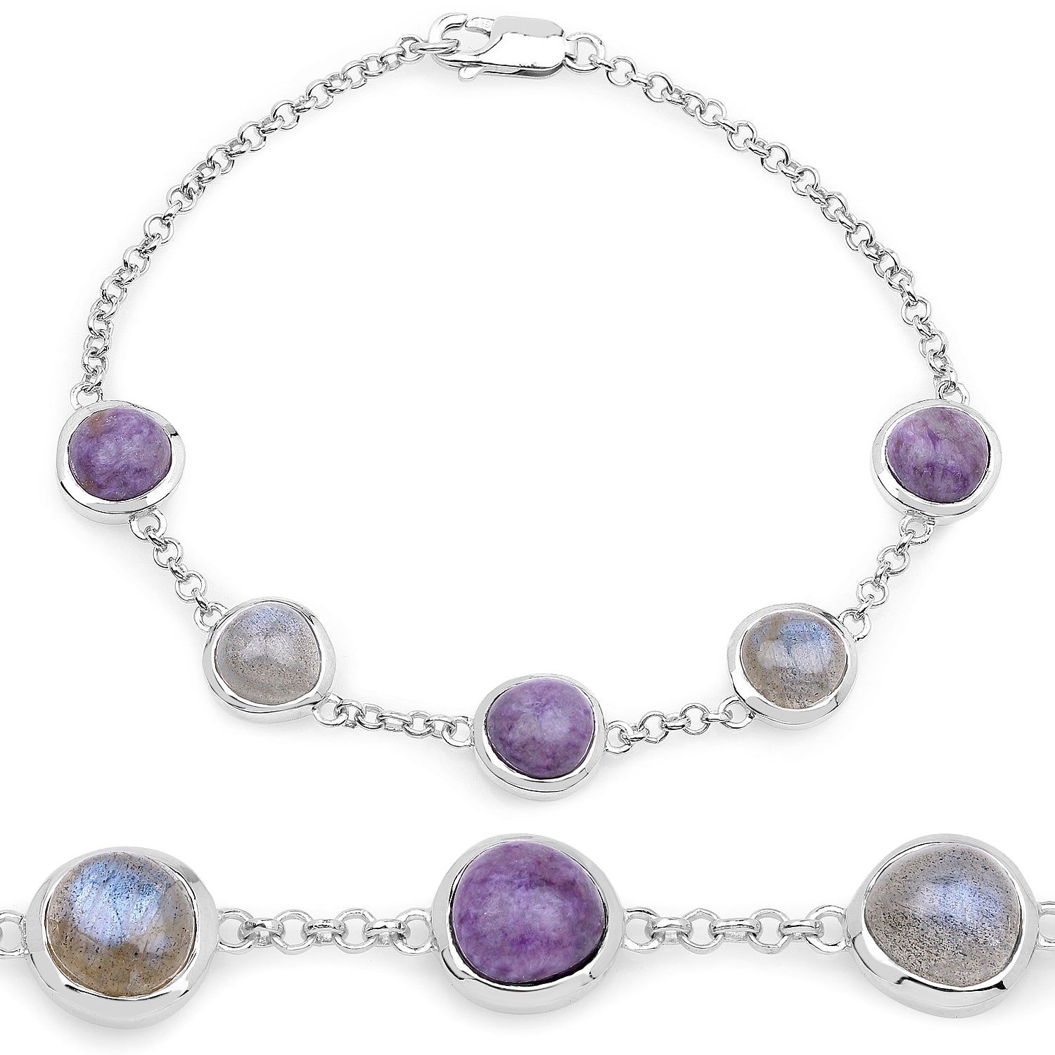 11.00 Carat Genuine Charolite And Labradorite .925 Sterling Silver Bracelet DestGlow