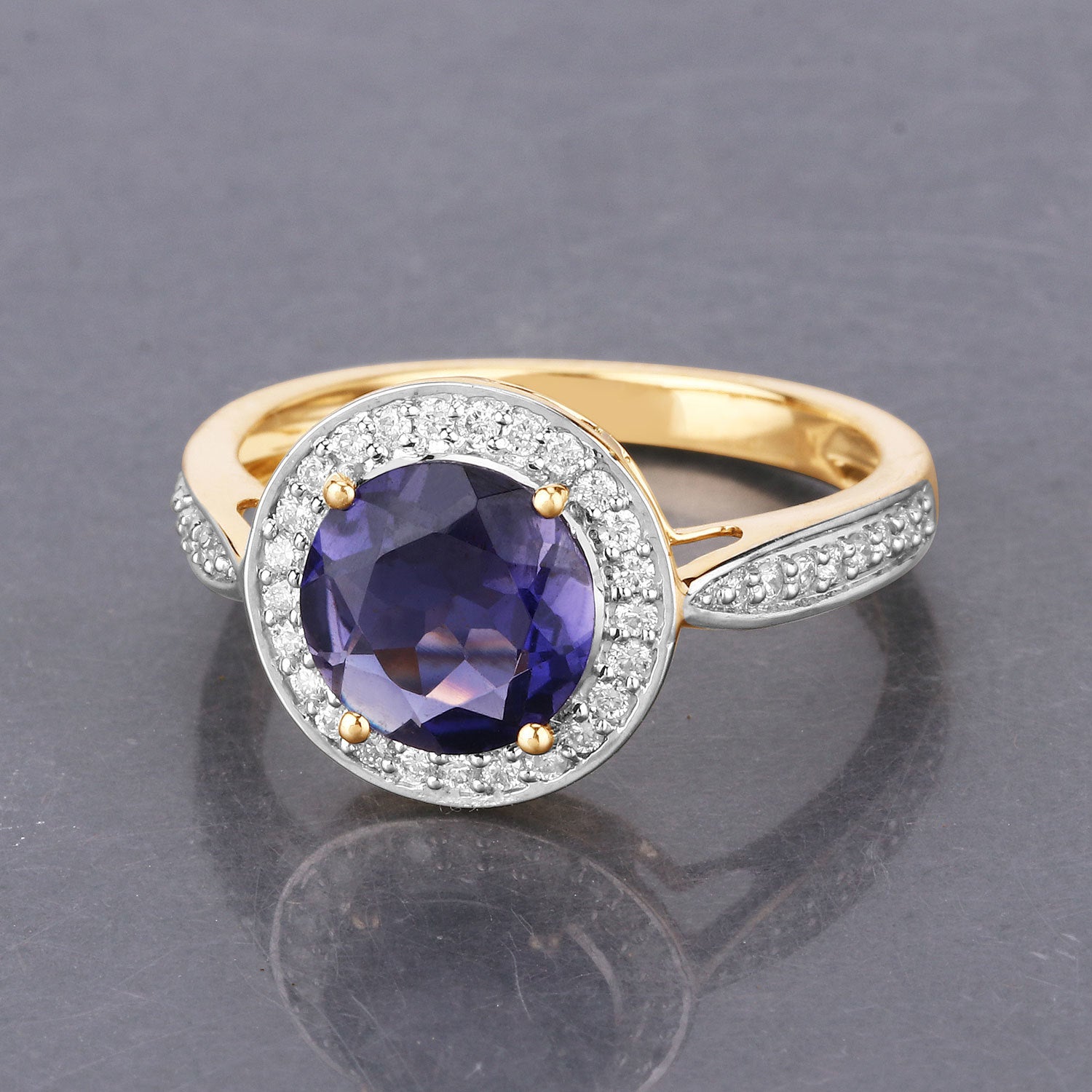 1.79 Carat Genuine Iolite and White Diamond 14K Yellow Gold Ring by Bids.com