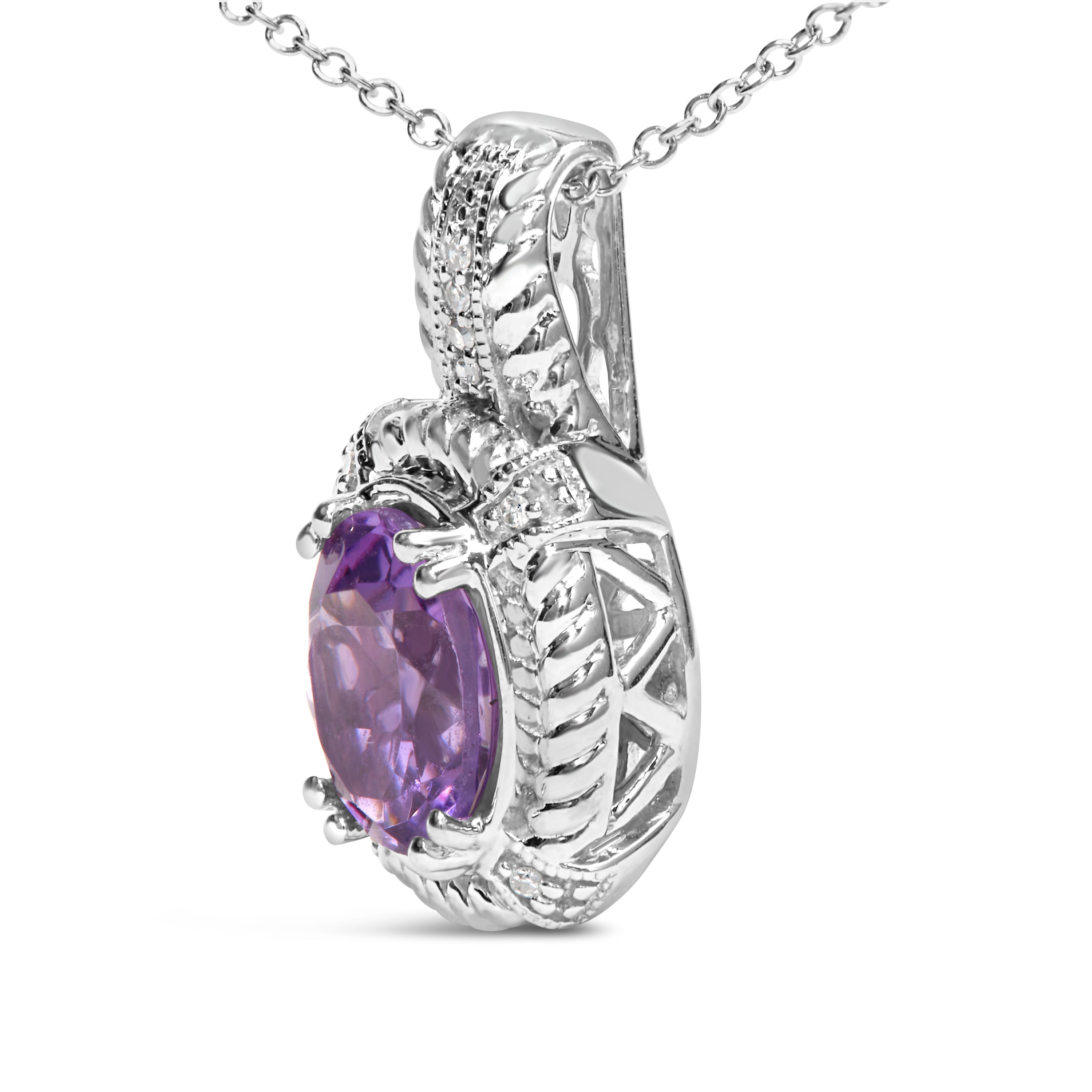 .925 Sterling Silver 9x7mm Oval Purple Amethyst and Round Diamond Accent Fashion Drop Pendant 18 Inch Necklace (I-J Color, I1-I2 Clarity) DestGlow