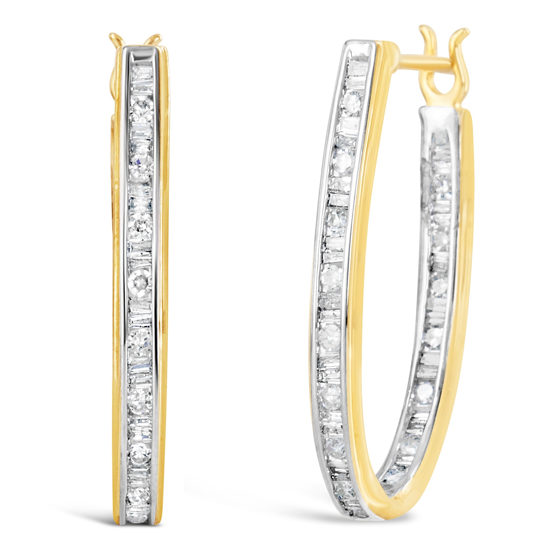 10K Yellow Gold 1.00 Cttw Round and Baguette-Cut Diamond U-Hoop Earrings (H-I Color, SI2-I1 Clarity) by Bids.com