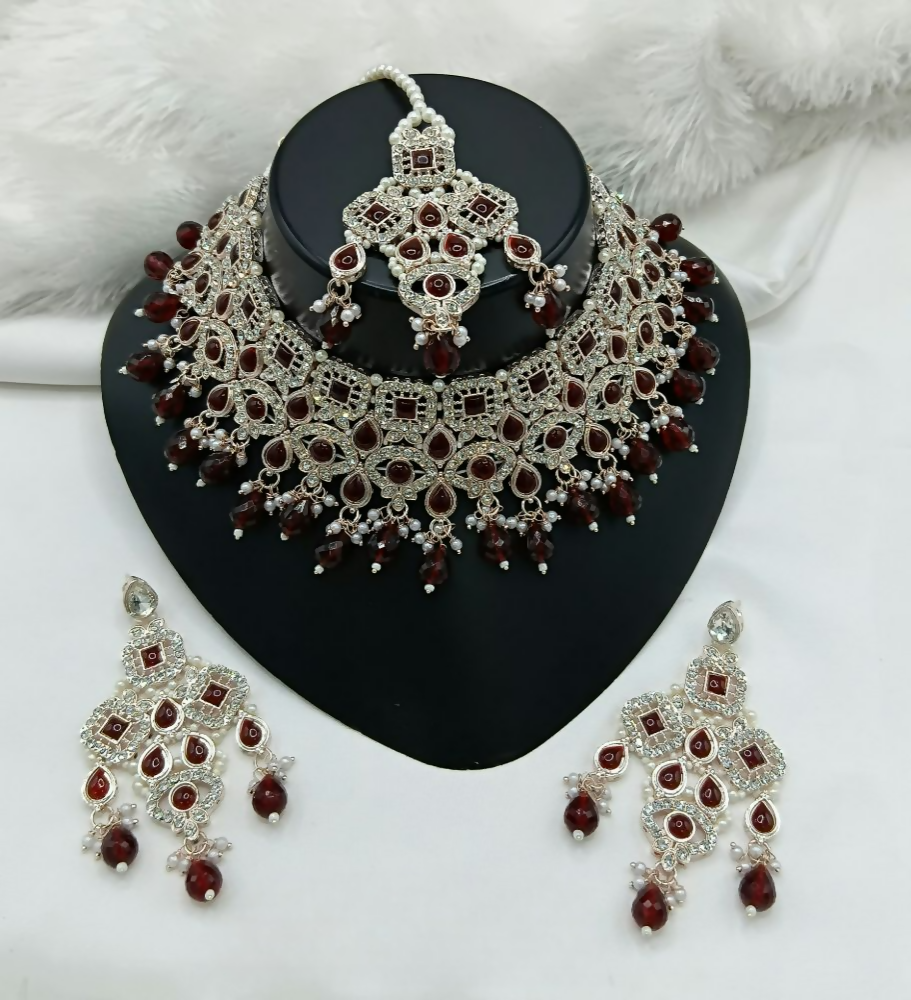 Joban Fashion Maroon Color Stone Work Necklace Set