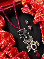 Joban Fashion Pink Brass Dual Tone Beaded Pendant With Beaded Mala Necklace With Earring Set