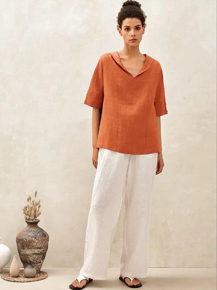 Linen V-Neck Short-Sleeve Shirt SIERRA DestGlow