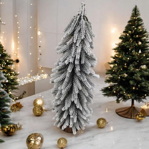 Snow Covered Christmas Trees - Set of 4 Realistic Faux Trees with Jute Base