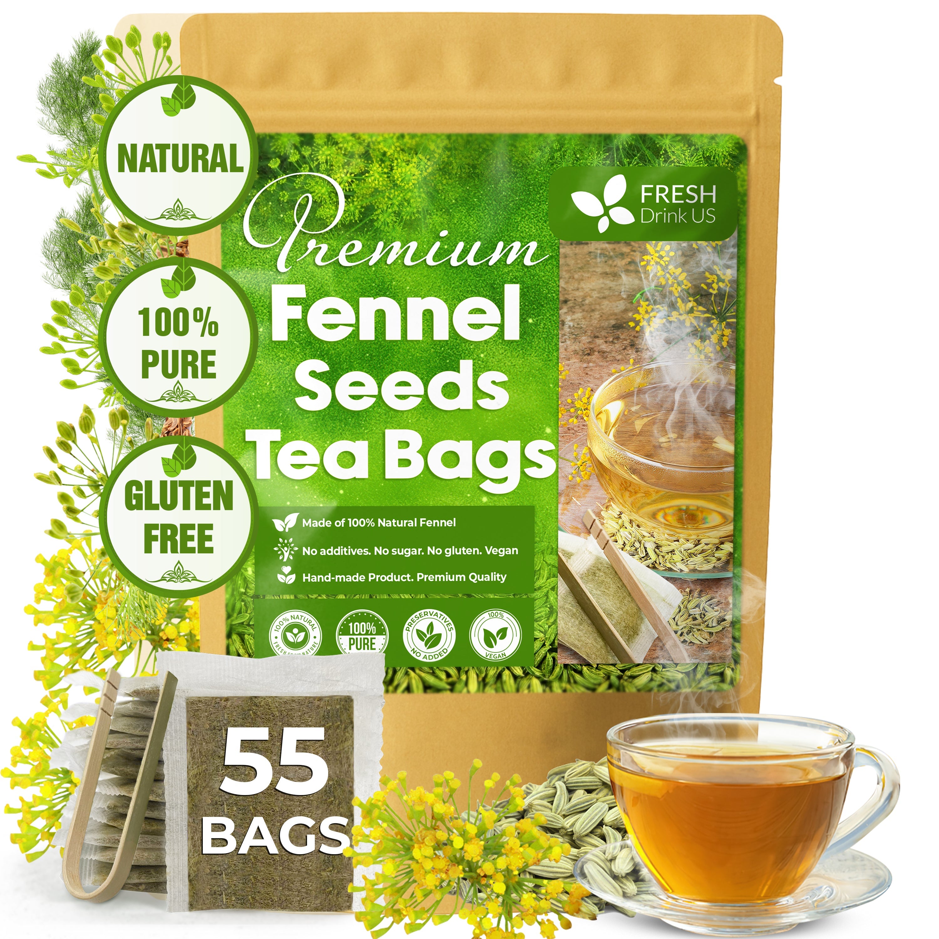 Premium Fennel Tea Bags, 100% Natural & Pure from Fennel Seeds. Fennel Seed Herbal Tea. Fennel Seed Tea. Made with Natural Material Tea Bags. No Sugar, No Caffeine, No Gluten, Vegan. by FreshDrinkUS - Natural and Premium Herbal Tea