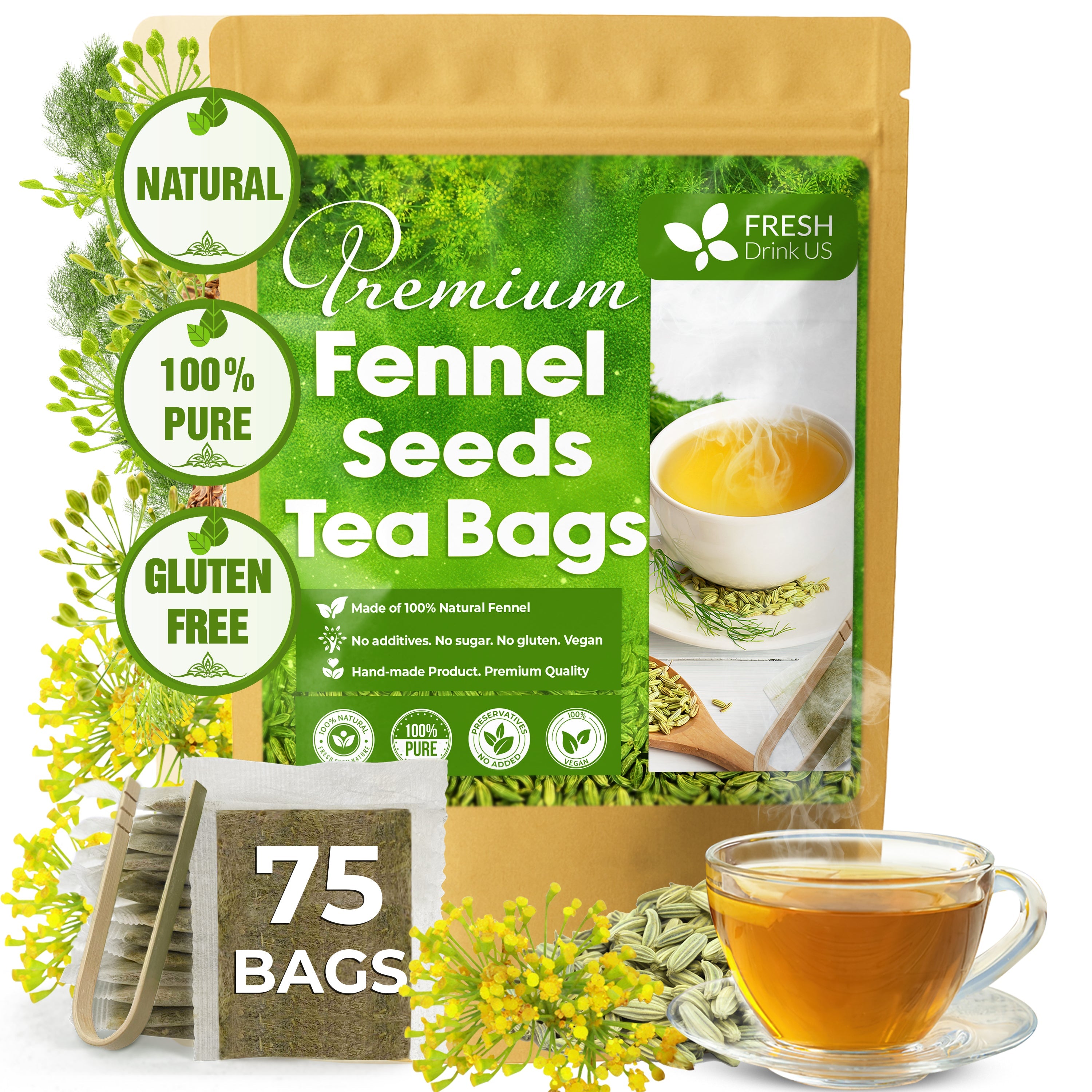 Premium Fennel Tea Bags, 100% Natural & Pure from Fennel Seeds. Fennel Seed Herbal Tea. Fennel Seed Tea. Made with Natural Material Tea Bags. No Sugar, No Caffeine, No Gluten, Vegan. by FreshDrinkUS - Natural and Premium Herbal Tea