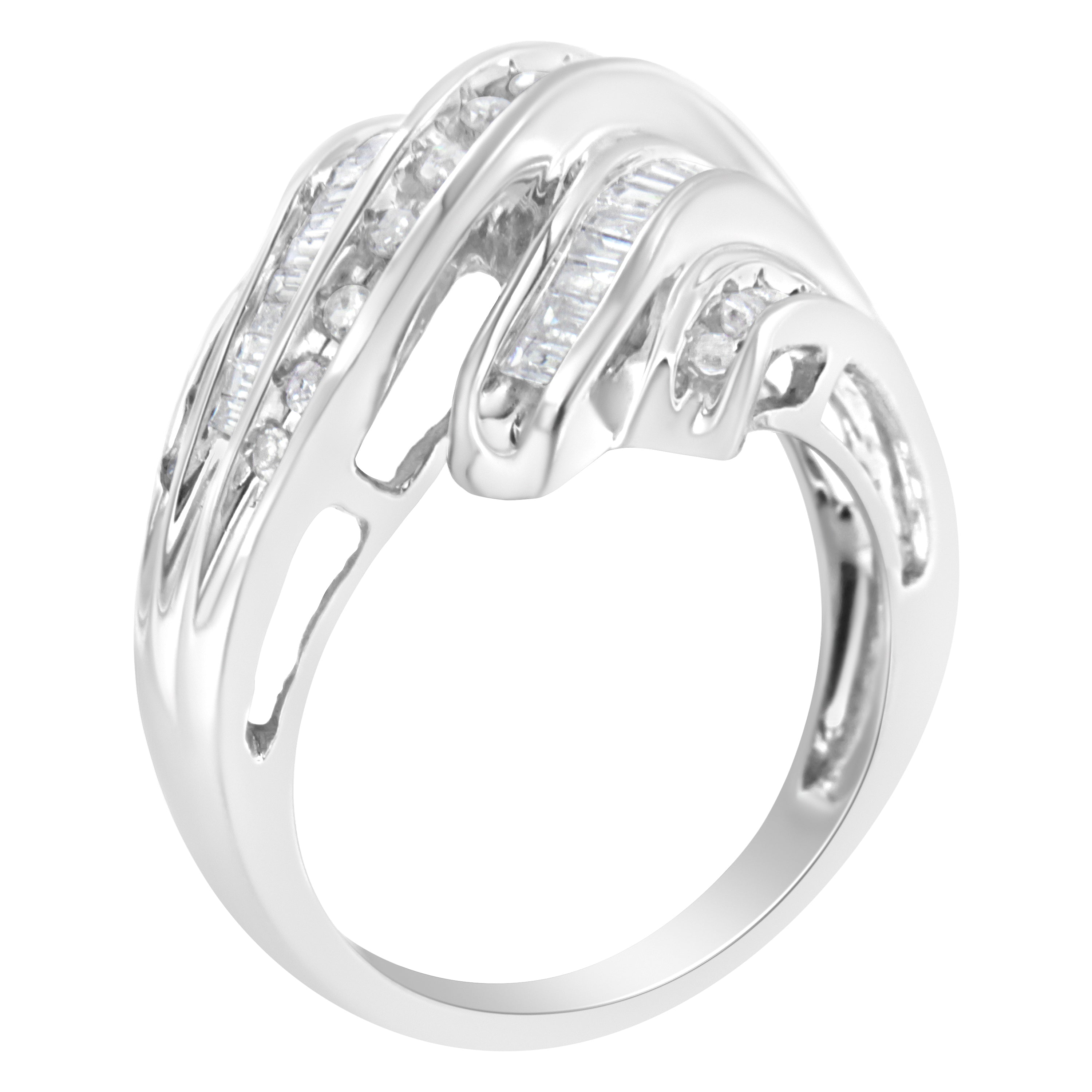 10K White Gold Round and Baguette Cut Diamond Channel Ring (3/4 Cttw, H-I Color, SI2-I1 Clarity) - Size 7 by Bids.com