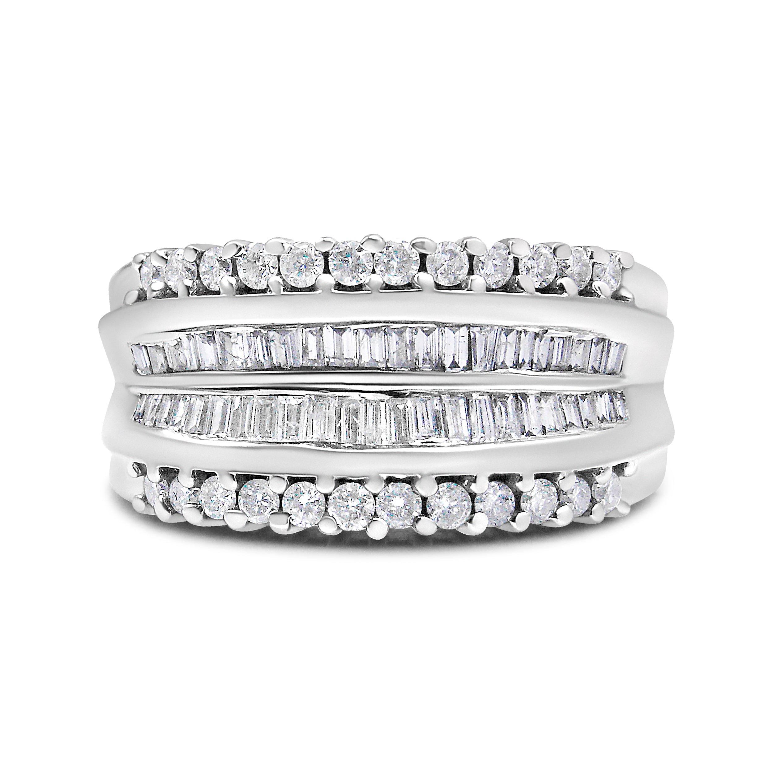 14K White Gold 1.00 Cttw Round and Baguette-Cut Diamond Modern Band Ring (H-I Color, SI2-I1 Clarity) - Ring Size 7 by Bids.com